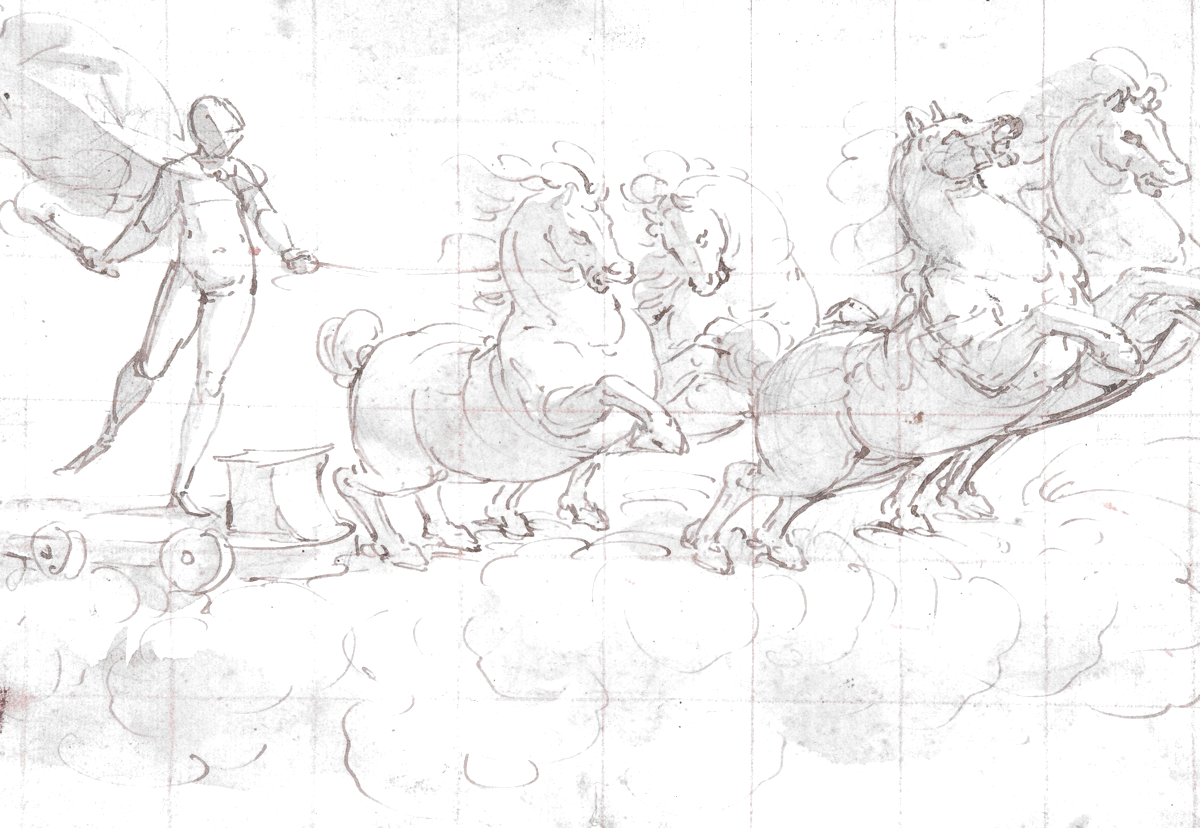 Un char tiré par quatre chevaux dans les nuages, à la plume et au lavis. Les corps sont bâtis en cylindres et en blocs, et la mise au carreau reste visible sur toute la feuille.