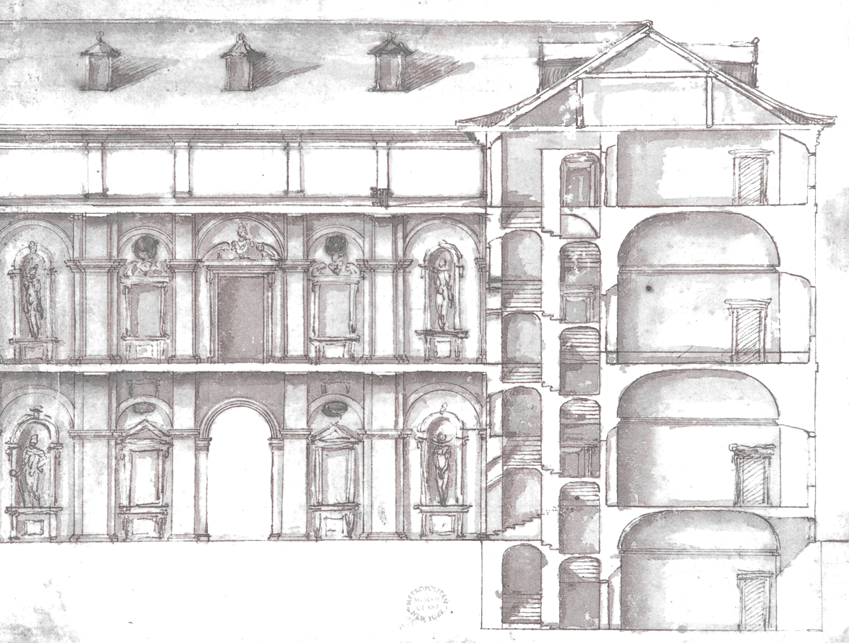 Un palais à la plume et au lavis : la façade à gauche, la même construction ouverte en coupe à droite.